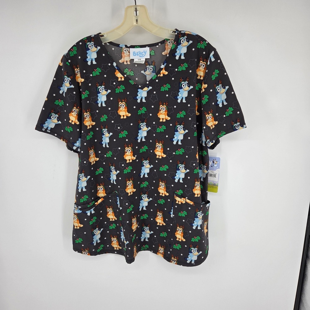 Bluey Christmas Scrub Top Womens Large V-Neck Holiday Bluey Bingo Reindeer New